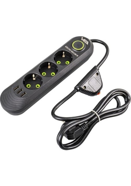 VA-21557 3 x Usb'li 3'lü 1.5 mt Akım Korumalı Priz Siyah