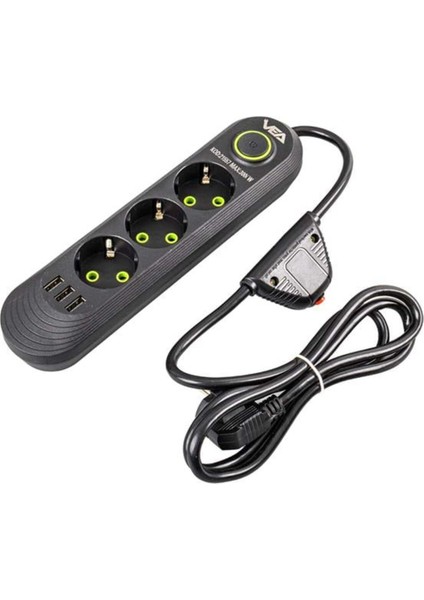 VA-21557 3'lü 1.5 mt Kablolu 3 Usb'li Siyah Akım Korumalı Priz