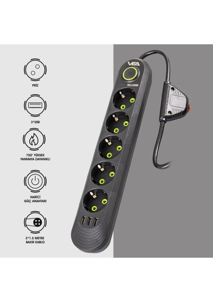 5'li 1.5 mt Kablolu 3 Usb'li Siyah Akım Korumalı Priz Bakır Kablo Harici Güç Anahtarı modelleri