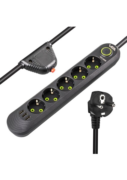 VA-21561 5'li 1.5 mt Kablolu 3 Usb'li Siyah Akım Korumalı Priz