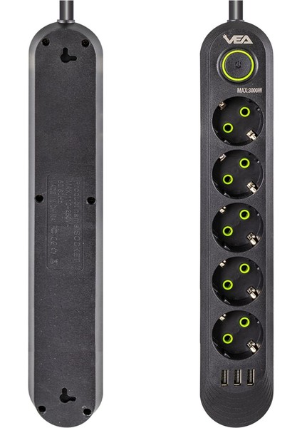 VA-21561 5'li 1.5 mt Kablolu 3 Usb'li Siyah Akım Korumalı Priz