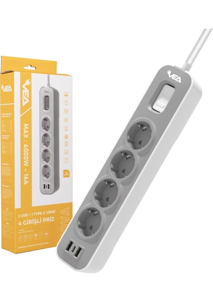VE-NOVA104U A Class 4'lü 2 Usb'li Anahtarlı 1.5 mt Akım Korumalı Grup Priz