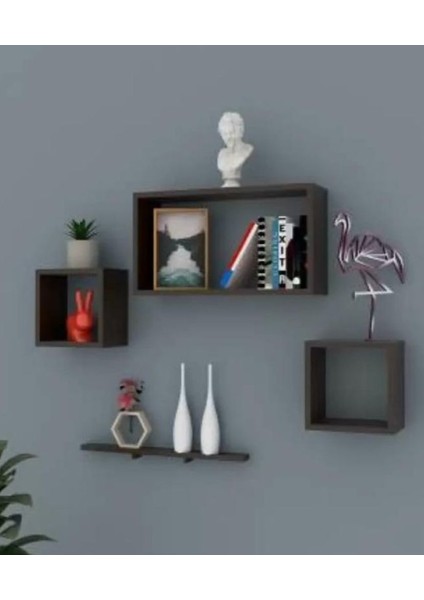 Antrasit 4'lü Dikdörtgen/kare Duvar Rafı