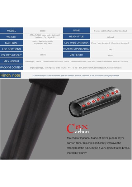 Z818C Profesyonel Karbon Fiber Tripod-Monopod-Ultra Hafif MATERYAL-16KG Kapasite