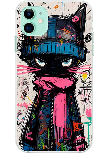 Apple iPhone 11 Uyumlu Şeffaf Kılıf Kedi Grafity Tasarımlı