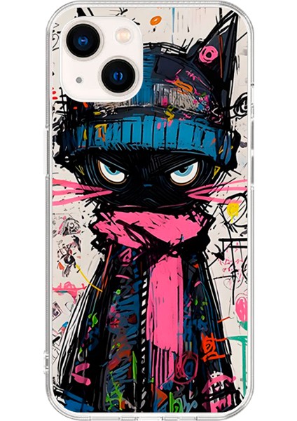 Apple iPhone 14 Uyumlu Şeffaf Kılıf Kedi Grafity Tasarımlı