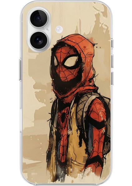 Apple iPhone 16 Plus Uyumlu Şeffaf Kılıf Spider-Man Tablo Tasarımlı
