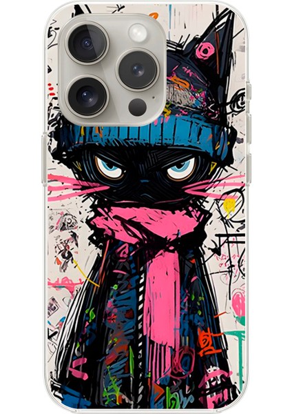 Apple iPhone 16 Pro Max Uyumlu Şeffaf Kılıf Kedi Grafity Tasarımlı