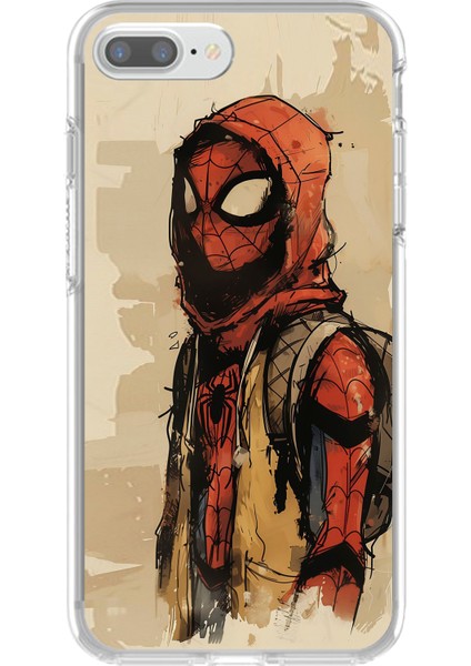 Apple iPhone 8 Plus Uyumlu Şeffaf Kılıf Spider-Man Tablo Tasarımlı
