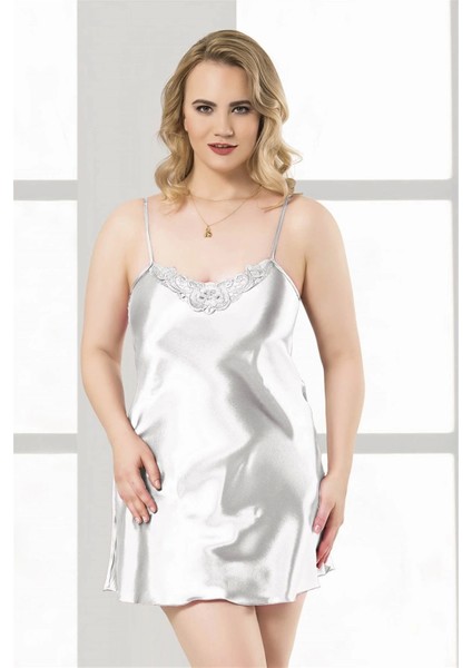 Büyük Beden Beyaz Kısa Saten Gecelik