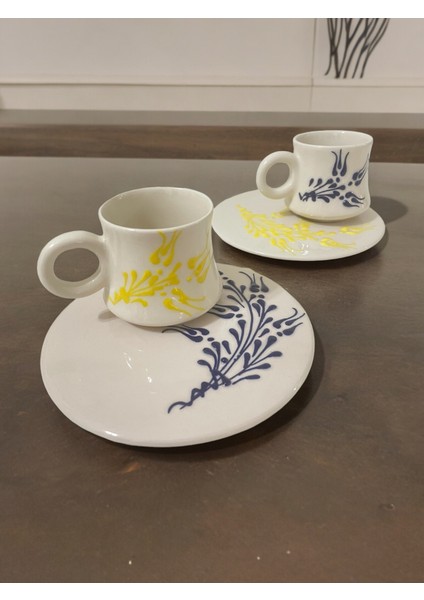 Dekoratif Şık Tasarım Sarı ve Lacivert Renklerinde Çay-Kahve Fincan Seti 2 Kişilik