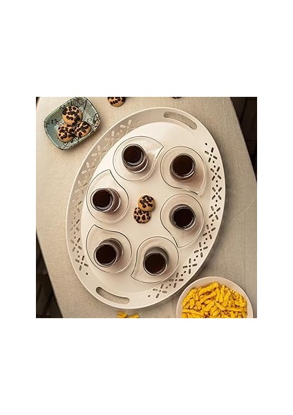 Metal Lalin Tepsi Metal Oval Servis Tepsisi Krem, Romantik Tepsi, Büyük Tepsi, Çay Kahve Tepsisi Krem LN1028K
