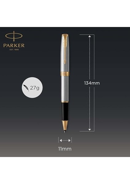 Sonnet Paslanmaz Çelik Altın Tasarımlı Roller Kalem, Ince Uç, Siyah Mürekkep