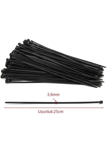 Çetsan 3, 6X250 Siyah 25CM Kablo Bağı Plastik Cırt Kelepçe TOPLAYICI-100 Adet, Sekatech