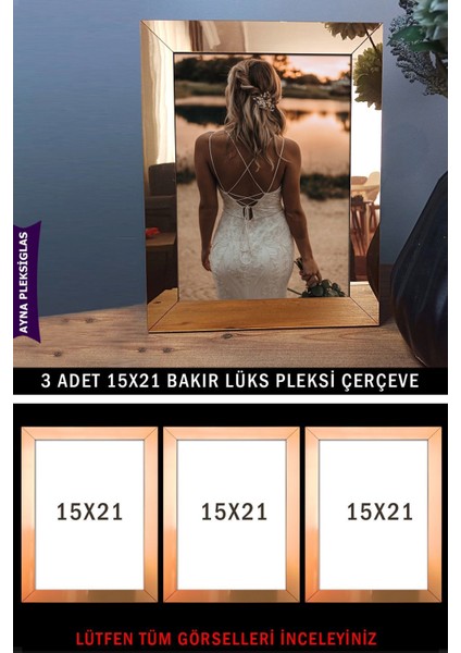 3 Adet 15 x 21 A5 Bakır Ayna Pleksi Çerçeve - Lüks Pleksiglas Çerçeve