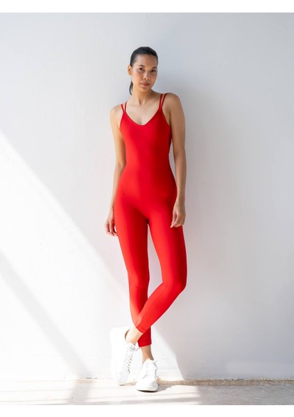 Kırmızı Ip Askılı Spor Tayt Tulum
