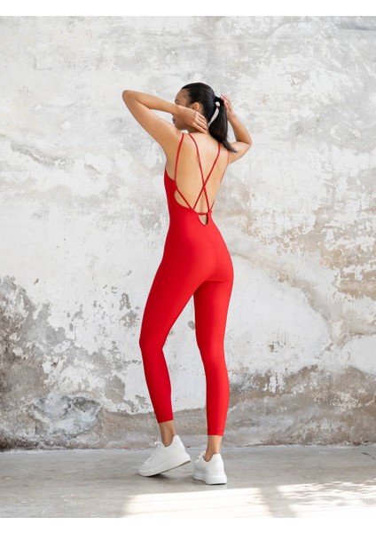 Kırmızı Ip Askılı Spor Tayt Tulum indirimleri
