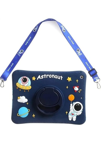 Samsung Galaxy Tab A T290 T295 T297 ile Uyumlu Astronot Silikon Standlı Darbe Korumalı Eğlenceli Çocuk Kılıf 8 İnç Lacivert