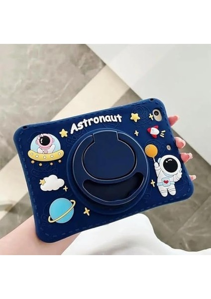 Samsung Galaxy Tab A T290 T295 T297 ile Uyumlu Astronot Silikon Standlı Darbe Korumalı Eğlenceli Çocuk Kılıf 8 İnç Lacivert