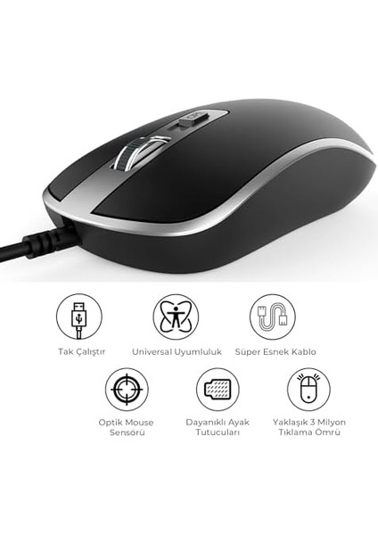 MS104 USB Kablolu 1600DPI 4 Tuşlu Optik Mouse - Pc, Mac, Dizüstü Bilgisayar ile Uyumlu, Tak Çalıştır Kolay Bağlantı, Sağ ve Sol Elle Kullanıma Uygun, Kompakt Mouse Siyah