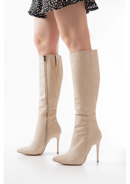 LS-226 Bej Süet Fermuarlı Lastikli Ince Yüksek Topuklu Kadın Çizme modelleri