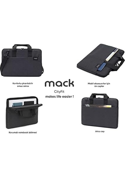 Cityfit MCC-703 Laptop Çantası, Erkekler ve Kadınlar Için Profesyonel Bilgisayar Çantası, 15.6 Inç Notebook Çantası, Evrak Çantası, Siyah