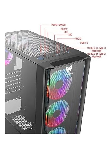 Phoenix 4* Rgb Fanlı Atx-Mini Atx Itx Uyumlu Mid Tower Gaming Oyuncu Bilgisayar Kasası Psu'suz