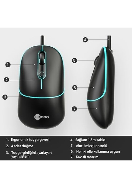 MS110 USB Kablolu 2400DPI 4 Tuşlu Rgb Sessiz Click Optik Mouse - Pc, Mac, Dizüstü Bilgisayar ile Uyumlu, Tak Çalıştır Kolay Bağlantı, Sağ ve Sol Elle Kullanıma Uygun, Kompakt Mouse Siyah