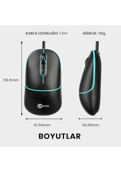 MS110 USB Kablolu 2400DPI 4 Tuşlu Rgb Sessiz Click Optik Mouse - Pc, Mac, Dizüstü Bilgisayar ile Uyumlu, Tak Çalıştır Kolay Bağlantı, Sağ ve Sol Elle Kullanıma Uygun, Kompakt Mouse Siyah