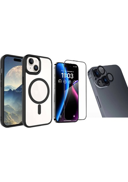 iPhone 15 Kılıf Wireless Şarj Özellikli Zore Krom Magsafe Silikon Kapak + Safir Kamera Lens + Ekran Koruyucu