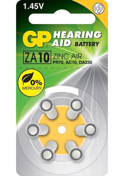 Batteries ZA10 DA230/AC10/ZA10 Boy Işitme Cihazı Kulaklık Pili, 1.45 Volt, 6'lı Kart