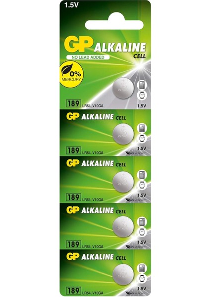 Batteries 189 LR54/189/V10GA Boy Alkalin Düğme Pil, 1.5 Volt, 5'li Kart