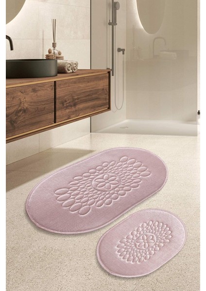Banyo Klozet Paspası Halısı 2'li Takım Kaymaz Yıkanabilir 100 x 60-60 x 50 Pudra