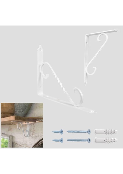 2-Adet Beyaz Ferforje Raf Altı Metal L Ayak 11 x 15.5 cm - Dekoratif Demir Raf Ayağı Konsolu - Raf Tutucu Duvar Montaj Askı Aparatı - Çiçek Çiçeklik Saksı Asma Aparatı