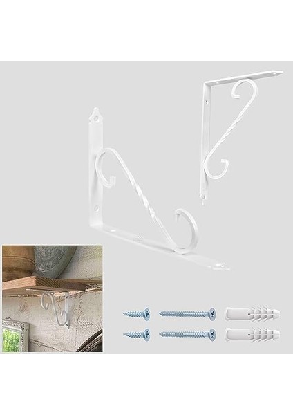 2-Adet Beyaz Ferforje Raf Altı Metal L Ayak 11 x 15.5 cm - Dekoratif Demir Raf Ayağı Konsolu - Raf Tutucu Duvar Montaj Askı Aparatı - Çiçek Çiçeklik Saksı Asma Aparatı