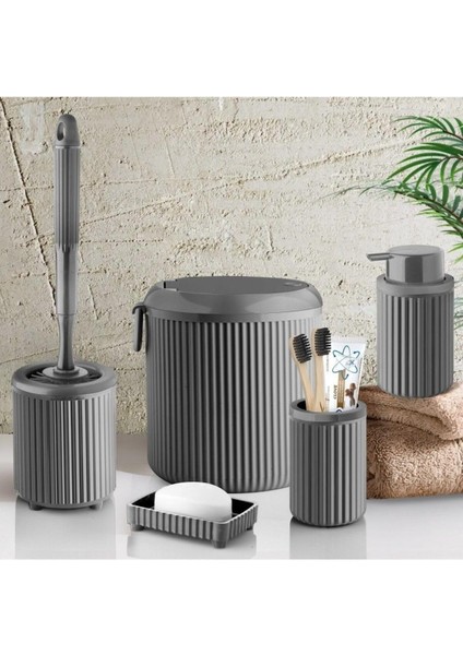 Haus Çöp Kovası Tuvalet Fırçası Sıvı Sabunluk Diş Fırçalık Katı Sabunluk 5 Parça Banyo Seti 4 Litre Gri