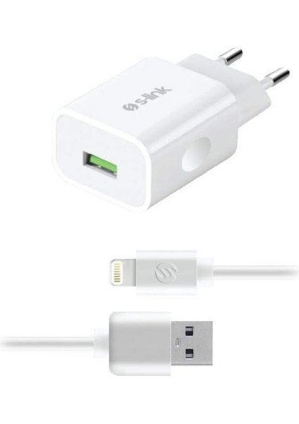 IP-EC16B 1A Beyaz Ev Sarj Cihazi ve 1.3A Lightning Data + Sarj Kablosu