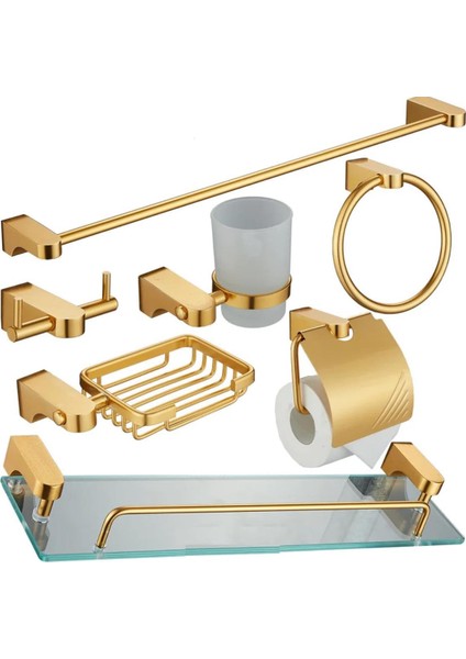 Lüx Banyo Seti 7 Li Altın Rengi Yuvarlak Havluluk, Tuvalet Kağıtlığı, Asklık,Uzun Havluluk,Sabunluk,Diş Fırçalık,Etajer Duvara Montaj, Banyo, Mutfak İçin (Altın Rengi)