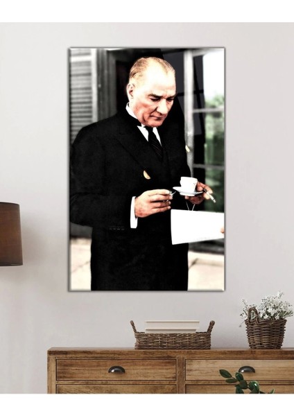 Atatürk Portresi Cam Tablo, Ev ve Ofis Duvar Dekoru, Hediyelik Büyük Temperli 4 mm Cam Tablo