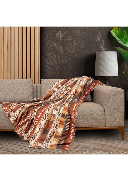 Concept Softmicro Boho Etnik Desenli Mikrofiber Koltuk Örtüsü ve Tv Battaniyesi, Koltuk Şalı, Kaymaz Toprak 130X180 cm