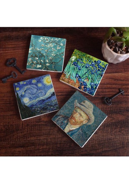 Van Gogh Irisler, Yıldızlı Gece, Badem Ağacı, Otoportre Taş Bardak Altlığı 4'lü Set 10 x 10 cm SC110