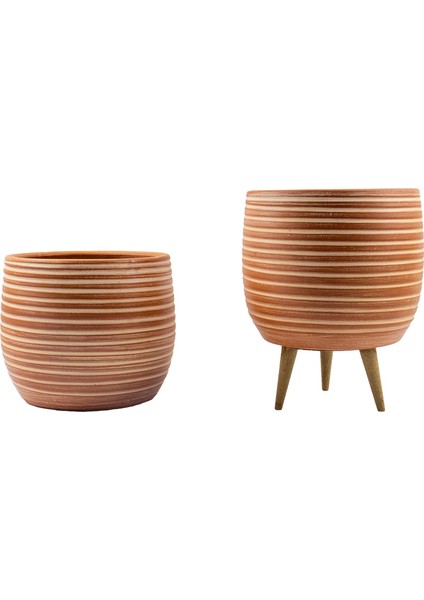 Tasarımı Ev Dekorasyon Yan Çizgi Desenli Terrakota Toprak Saksı Saksılık Salon Çiçeklik Ikili Set Ayaksız - 3 Ayaklı- 15 cm