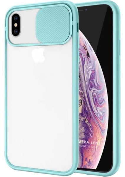Iphone x Max Kılıf Kamera Lens Sürgülü Korumalı, Kenar Renkli, Arkası Buzlu Şeffaf Kapak (Turkuaz)