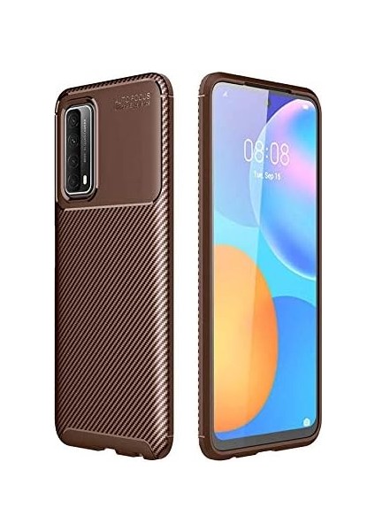 P Smart 2021 Uyumlu Kılıf Karbon Görünümlü Esnek Silikon Ultra Sağlam Kapak - Kahverengi