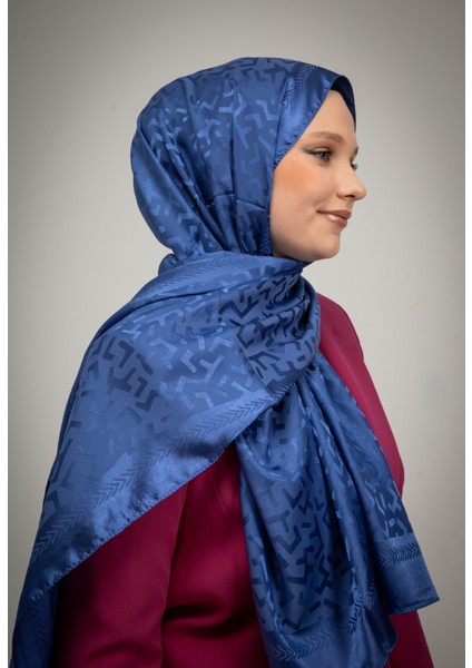 Parlak Jakar Şal Geometrik Desen Indigo Mavisi