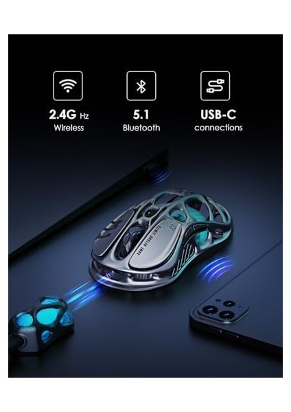 Mercury M1 Pro Kablosuz Oyun Faresi, Magnezyum Alaşımlı Mmo Oyun Faresi, 26.000 Dpı, 88G Hafif Oyuk Tasarım, 5 Programlanabilir Düğme, 5 Dinamik Lightsync Rgb Modu, Gunmetal Gri