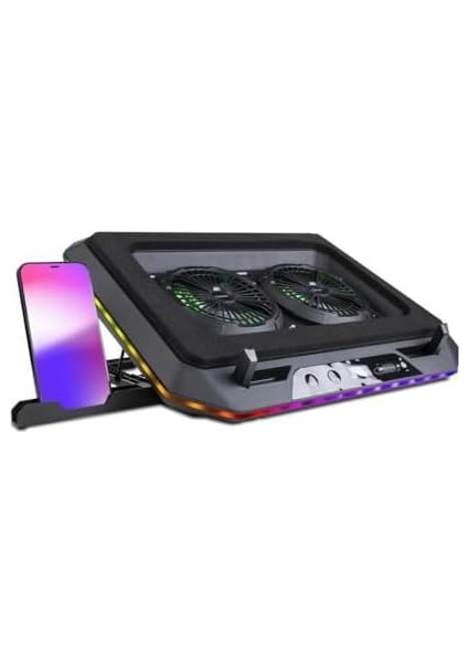 Gaming GT200 Laptop Soğutucu Notebook Stand, 3000 Rpm,10 Rgb Işık Kontrolü, 15.6-17 Inch, Hız Kontrolü, 2 Büyük Fan,telefon Standı, 1 Type-C Usb,1 USB modelleri