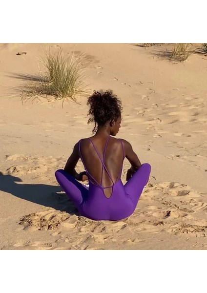 Mor Ip Askılı Spor Tayt Tulum