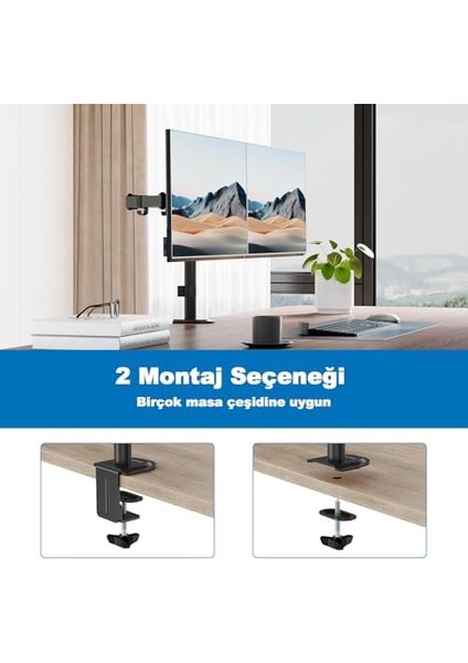 Çift Kol Monitör Standı 32" Ekrana Kadar Monitör Standı Çift Ekran Monitör Standı Çift Kollu Monitör Standı Vesa 75X75 ve 100X100 Monitör Standı