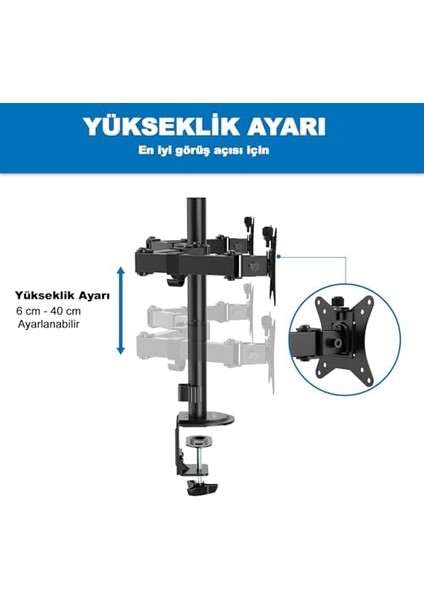 Çift Kol Monitör Standı 32" Ekrana Kadar Monitör Standı Çift Ekran Monitör Standı Çift Kollu Monitör Standı Vesa 75X75 ve 100X100 Monitör Standı